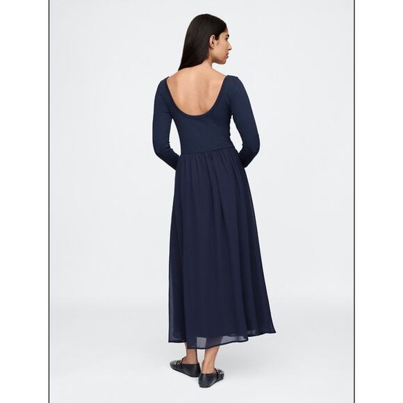 NWT Gap Large Petite Blue Mixed Media Maxi Dress long sleeve stretch chiffon * - Picture 1 of 9